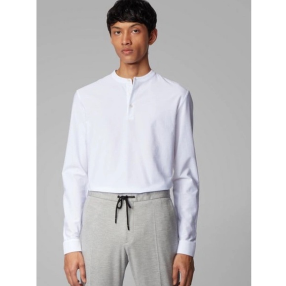 BOSS Slim Fit Mercerised White Henley Long Sleeve 3-Button Shirt Size Medium M - Picture 1 of 9